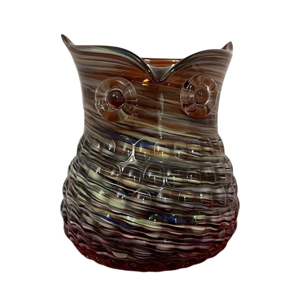 Handblown Owl Glass Vase Multi-Color Swirl Art Decorative
